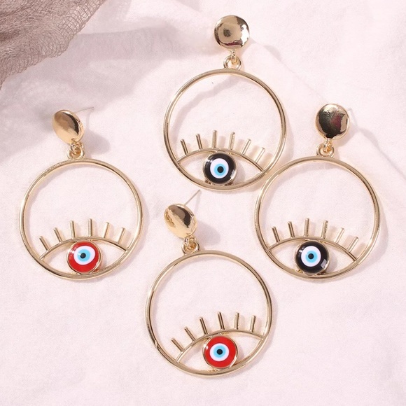 Gold hoop earrings evil eye earrings - Picture 3 of 7